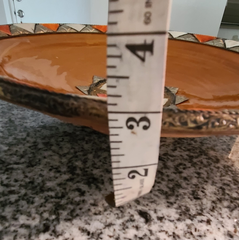 Large Bowl with Inlaid Camel Bone Metal Ceramic Bowl Morocco 13" Diameter Orange - Picture 5 of 8
